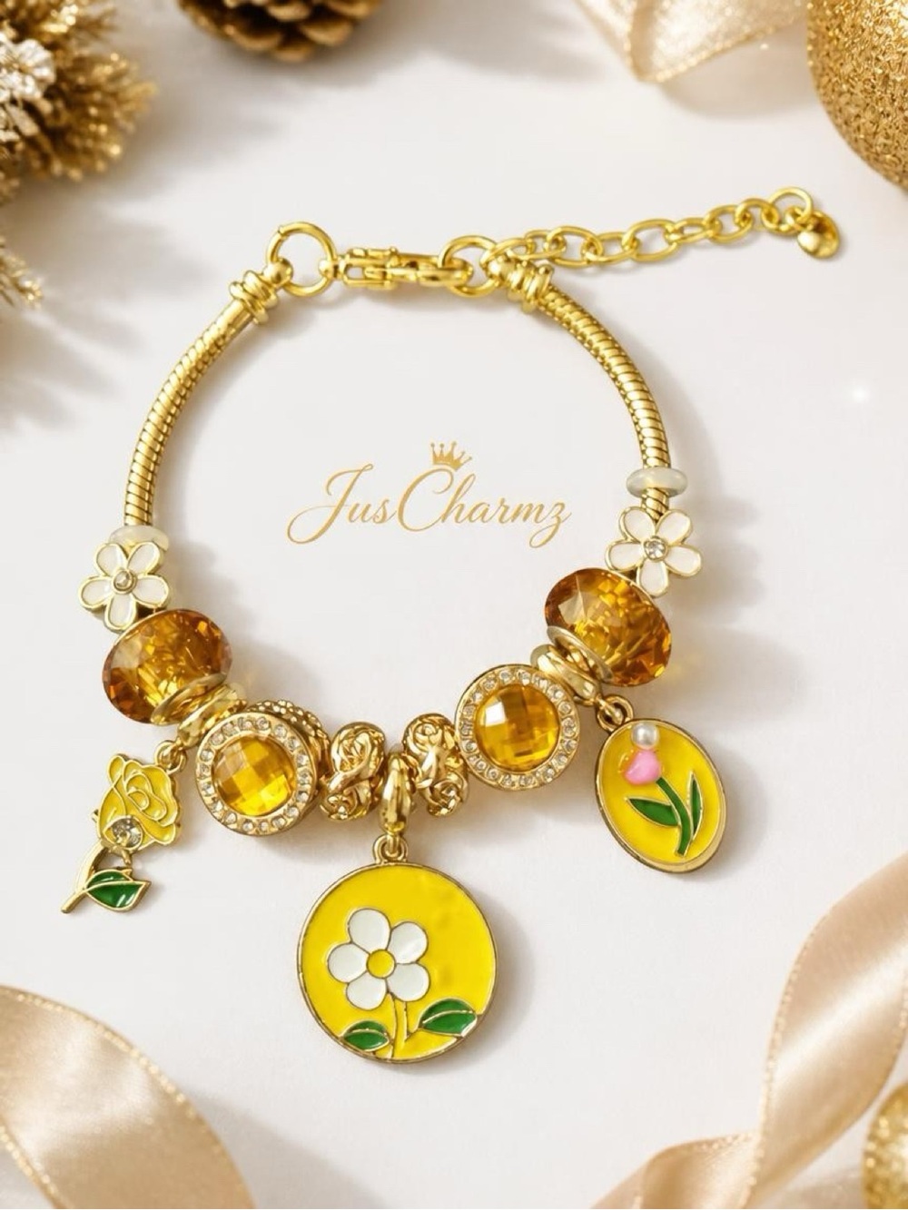 Gold-Tone Yellow Floral Charm Bracelet